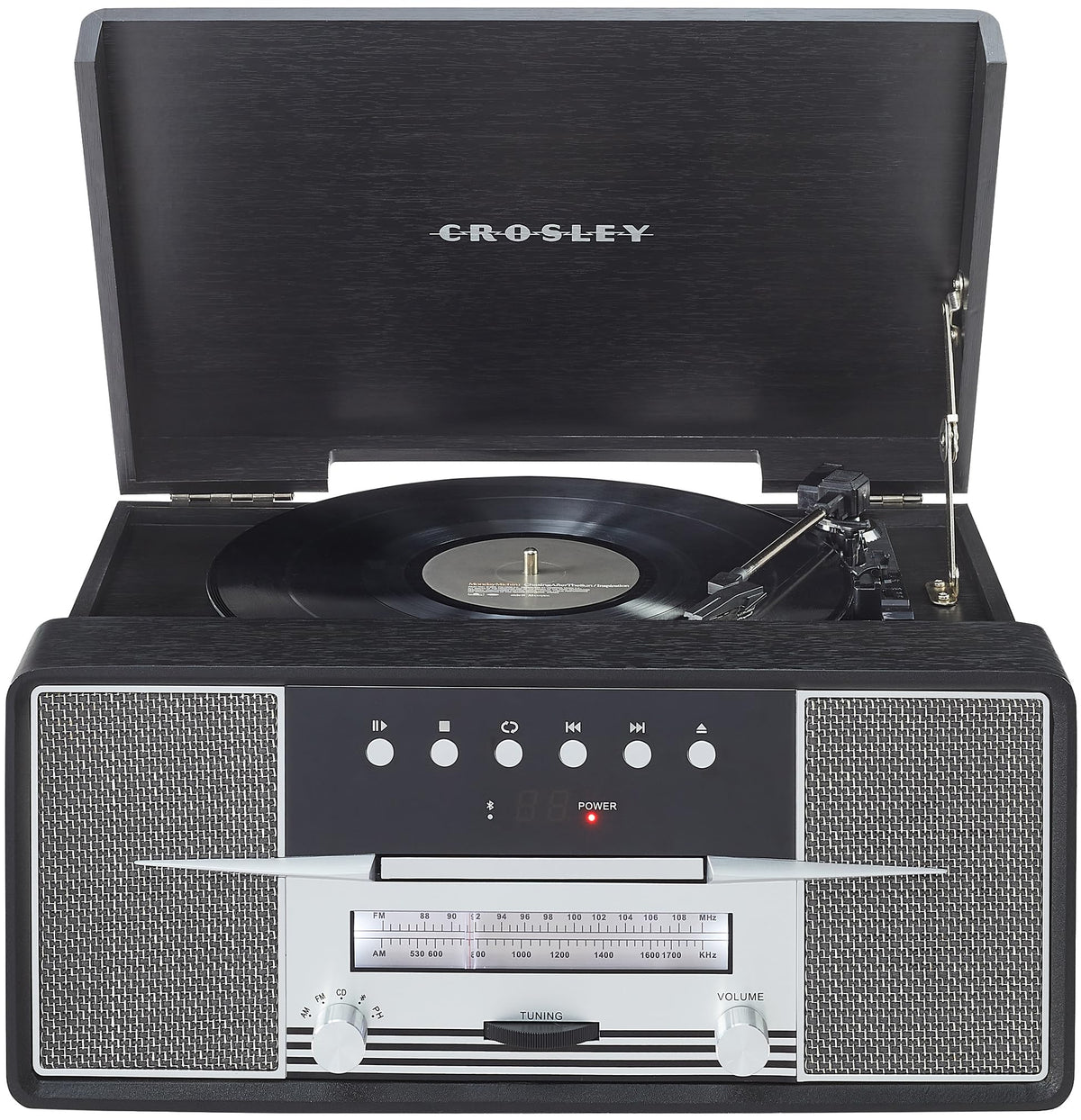 Crosley CR7016A-BK Rhapsody 7-in-1 Bluetooth 3-Speed Vinyl Record Player Turntable, CD Player, AM/FM Radio, Black