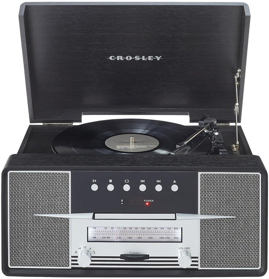 Crosley CR7016A-BK Rhapsody 7-in-1 Bluetooth 3-Speed Vinyl Record Player Turntable, CD Player, AM/FM Radio, Black