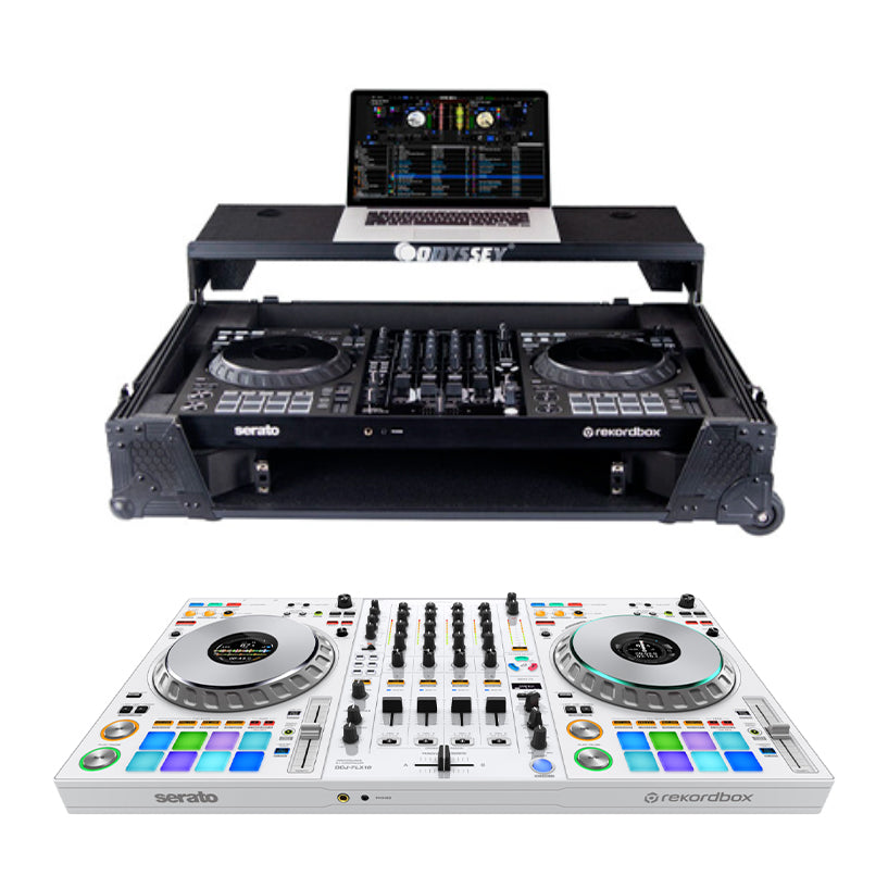 Pioneer DJ DDJ-FLX10-W  + Odyssey 810GSFLX101UM2 I-Board 1U Flight Case with Glide Style Laptop Platform and Wheels