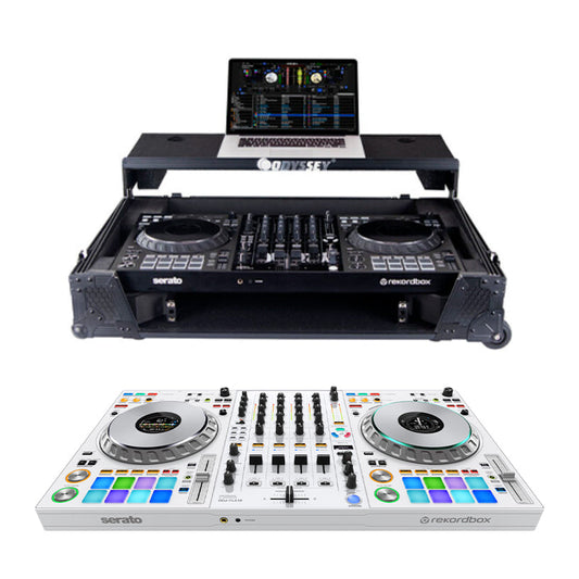 Pioneer DJ DDJ-FLX10-W  + Odyssey 810GSFLX101UM2 I-Board 1U Flight Case with Glide Style Laptop Platform and Wheels