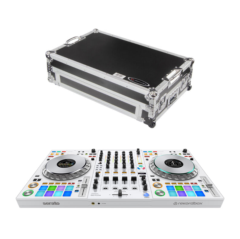 Pioneer DJ DDJ-FLX10-W + Odyssey DDJ-FLX10 Flight Case with Glide-Style Laptop Platform and Corner Wheels (Black/Silver)
