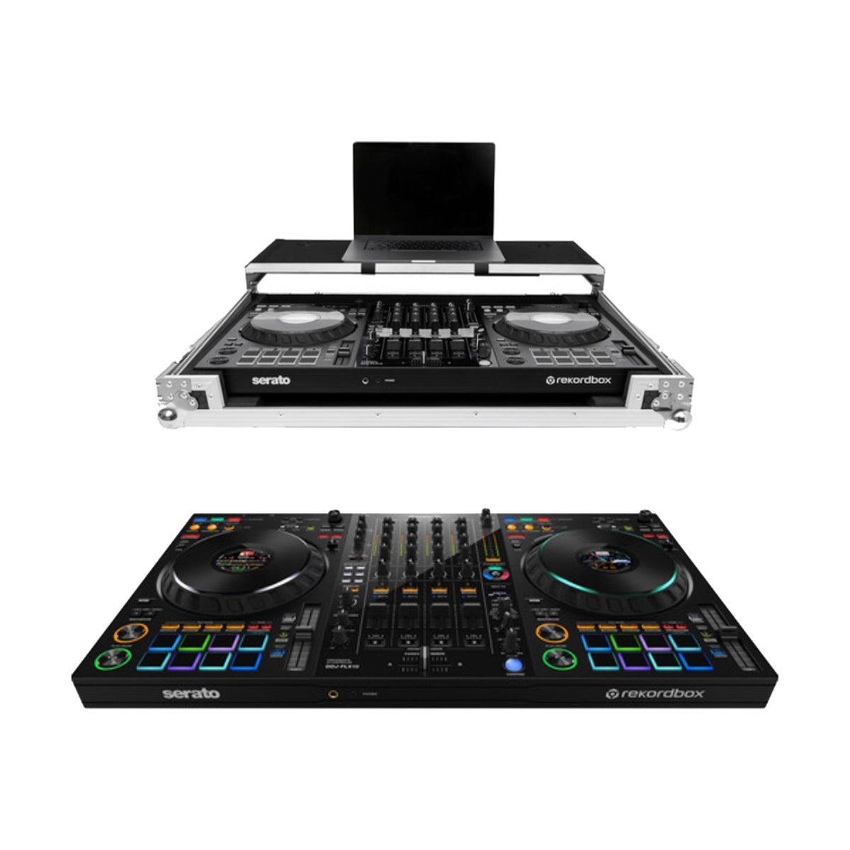 Pioneer DJ DDJ-FLX10 DJ Controller + Headline Laptop Platform & Wheels Flight Case