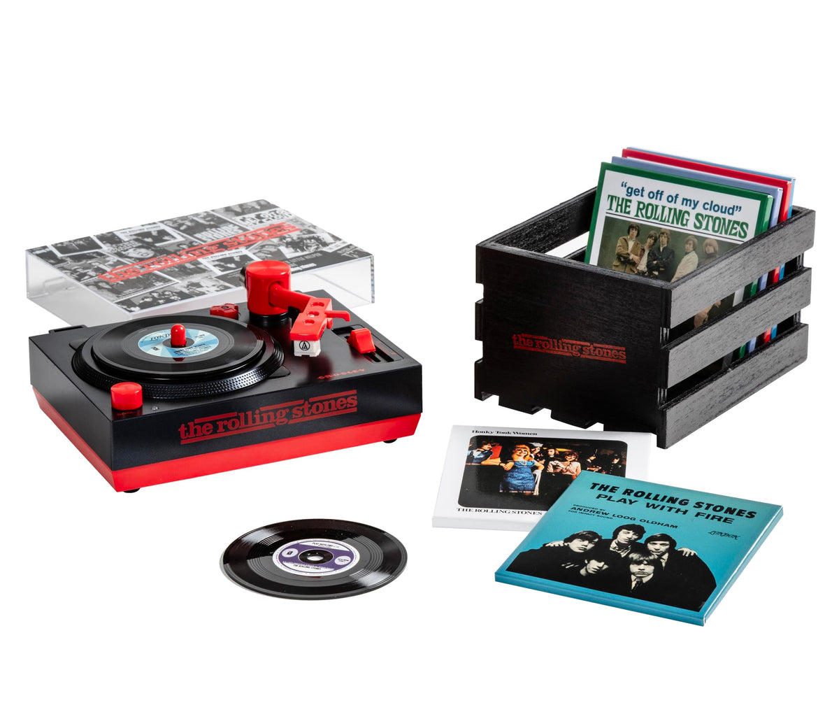 Crosley CR6037BT-RS Rolling Stones RSD3 Mini Turntable with Crate and Six 3-Inch Singles
