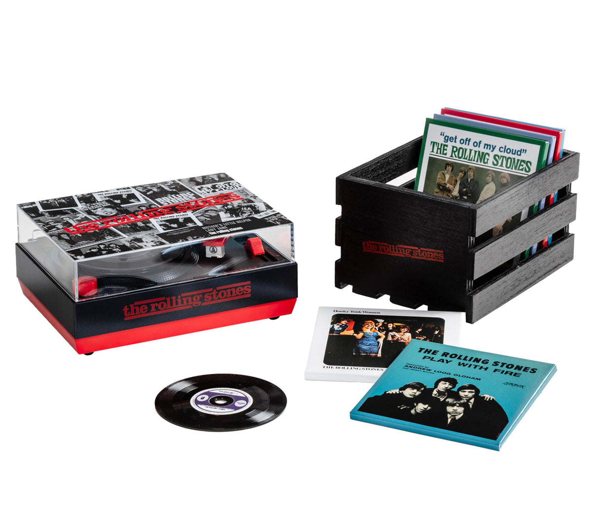 Crosley CR6037BT-RS Rolling Stones RSD3 Mini Turntable with Crate and Six 3-Inch Singles