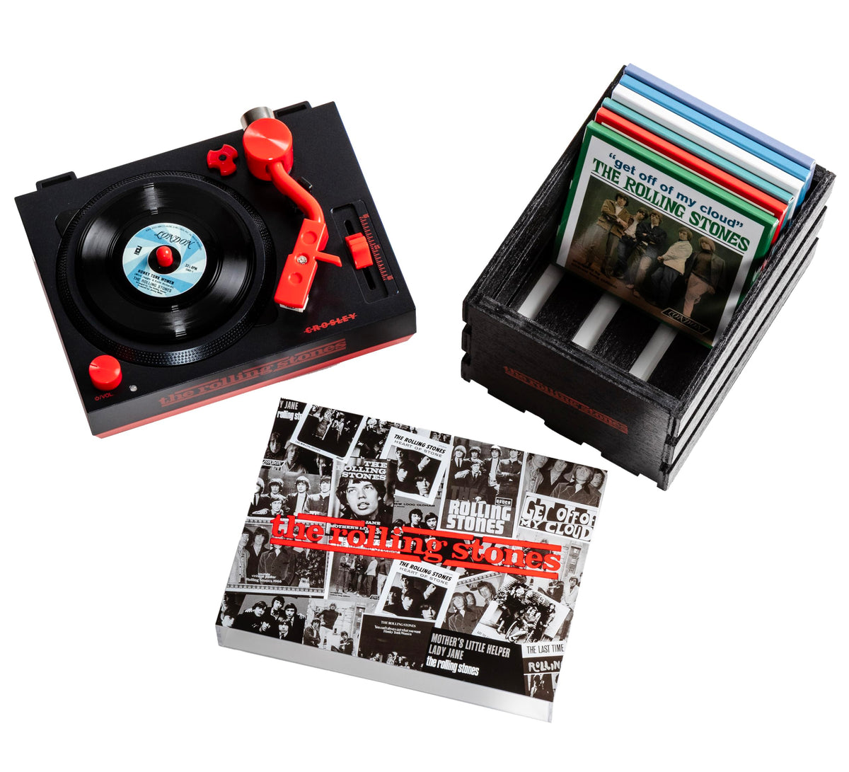 Crosley CR6037BT-RS Rolling Stones RSD3 Mini Turntable with Crate and Six 3-Inch Singles