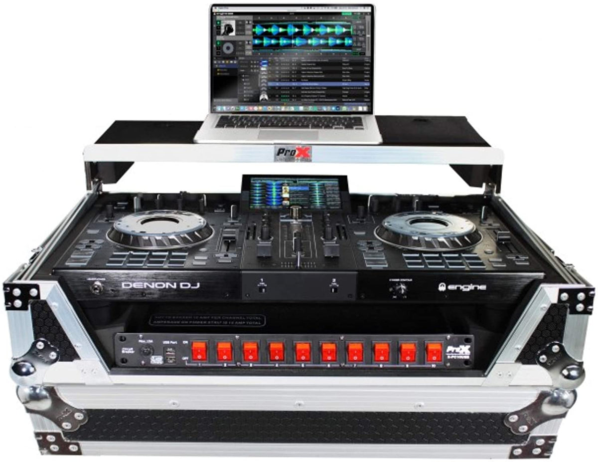 ProX XS-PRIME2 LT Flight Case for Denon Prime 2 Standalone DJ System with Sliding Laptop Shelf - Silver on Black Design